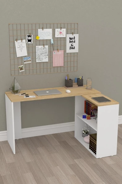 Durusilya Mobilya L Çalışma Masası Bilgisayar Masası Dolaplı Kitaplıklı Meşe Beyaz - 5