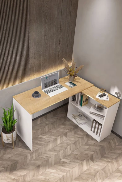 Durusilya Mobilya L Çalışma Masası Bilgisayar Masası Dolaplı Kitaplıklı Meşe Beyaz - 3