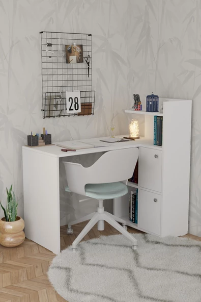 Durusilya Mobilya L Çalışma Masası Kitaplıklı Dolaplı Beyaz - 2