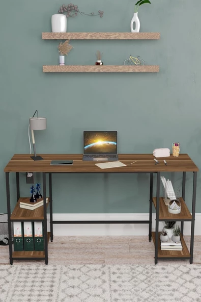 Durusilya Mobilya Metal Çalışma Bilgisayar Ofis Masası Kitaplıklı 140x50 Cm Ceviz Metal, One Size - 2