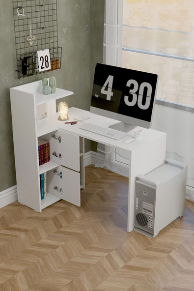 Durusilya Mobilya L Çalışma Masası Kitaplıklı Dolaplı Beyaz - 3