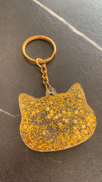 Şeffaf Epoksi İçinde Gold Yıldız Pullu Simli Gold Aksesuarlı Kedi Köpek Başı Anahtarlık El Yapımı Hediyelik - Resim 8