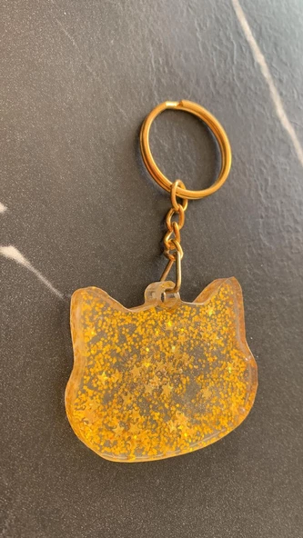 Şeffaf Epoksi İçinde Gold Yıldız Pullu Simli Gold Aksesuarlı Kedi Köpek Başı Anahtarlık El Yapımı Hediyelik - Resim 4