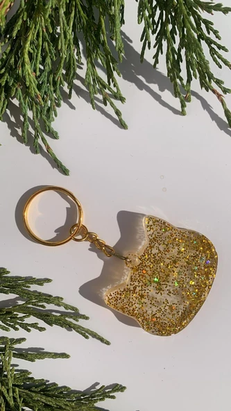 Şeffaf Epoksi İçinde Gold Yıldız Pullu Simli Gold Aksesuarlı Kedi Köpek Başı Anahtarlık El Yapımı Hediyelik - Resim 7