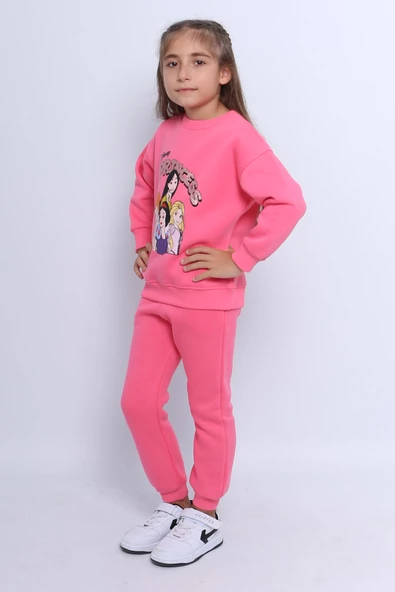 KIZ ÇOCUK 3 İPLİK EŞOFMAN TAKIMI PRİNCESS BASKILI E3 - Resim 2