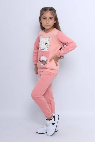 KIZ ÇOCUK 3 İPLİK EŞOFMAN TAKIMI KEDİ BASKILI E4 - 7