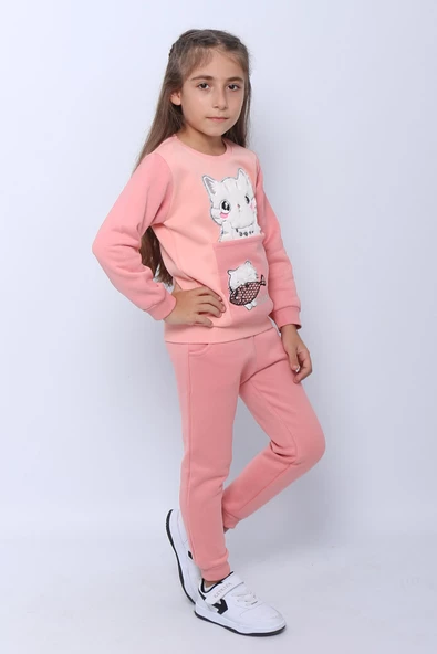 KIZ ÇOCUK 3 İPLİK EŞOFMAN TAKIMI KEDİ BASKILI E4 - 6