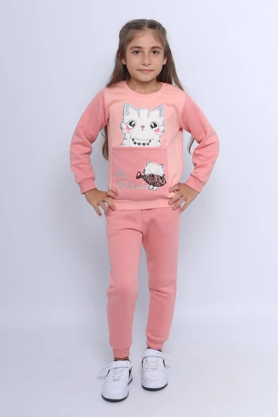 KIZ ÇOCUK 3 İPLİK EŞOFMAN TAKIMI KEDİ BASKILI E4 - 5