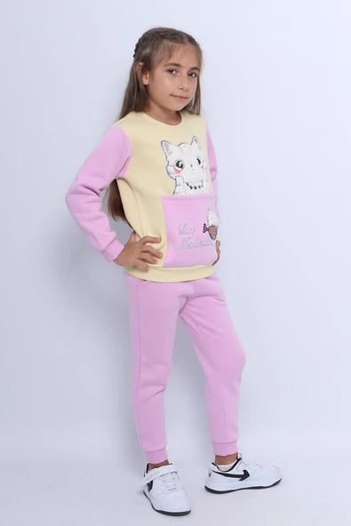 KIZ ÇOCUK 3 İPLİK EŞOFMAN TAKIMI KEDİ BASKILI E4 - 2