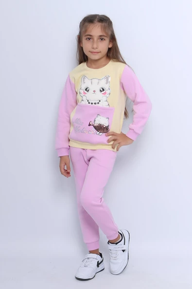 KIZ ÇOCUK 3 İPLİK EŞOFMAN TAKIMI KEDİ BASKILI E4 - 3