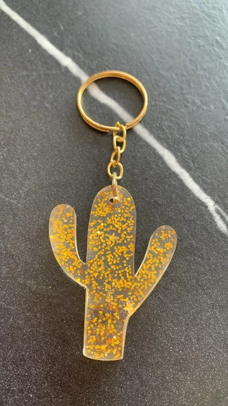 Şeffaf İçinde Gold Simli Gold Aksesuarlı Kaktüs Şekil Epoksi Anahtarlık El Yapımı Hediyelik - Resim 8
