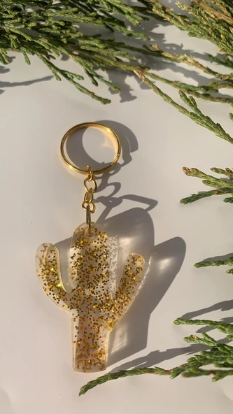 Şeffaf İçinde Gold Simli Gold Aksesuarlı Kaktüs Şekil Epoksi Anahtarlık El Yapımı Hediyelik - Resim 7