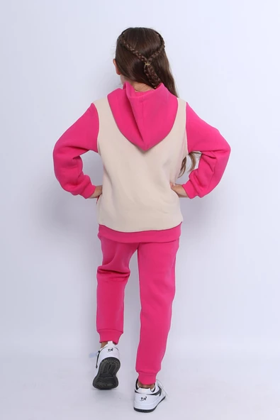 KIZ ÇOCUK 3 İPLİK EŞOFMAN TAKIMI KARAKTER NAKIŞLI KAPÜŞONLU CEPLİ E5 - Resim 4