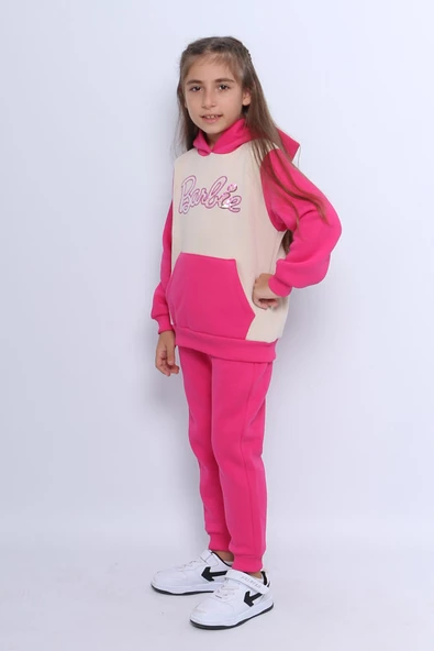 KIZ ÇOCUK 3 İPLİK EŞOFMAN TAKIMI KARAKTER NAKIŞLI KAPÜŞONLU CEPLİ E5 - Resim 3