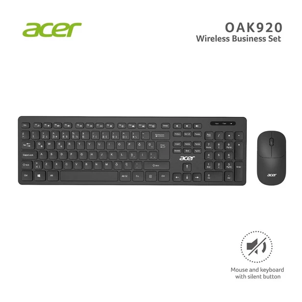 Acer Siyah Kablosuz Sessiz Tuşlu 2.4 Ghz Klavye Moue Set ( Mouse 1200Dpi)