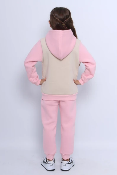 KIZ ÇOCUK 3 İPLİK EŞOFMAN TAKIMI KARAKTER NAKIŞLI KAPÜŞONLU CEPLİ E5 - Resim 8