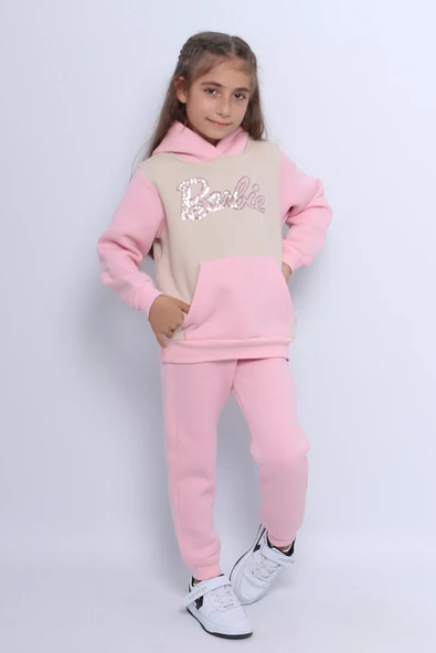 KIZ ÇOCUK 3 İPLİK EŞOFMAN TAKIMI KARAKTER NAKIŞLI KAPÜŞONLU CEPLİ E5 - Resim 7