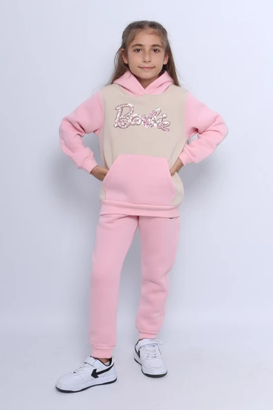 KIZ ÇOCUK 3 İPLİK EŞOFMAN TAKIMI KARAKTER NAKIŞLI KAPÜŞONLU CEPLİ E5 - Resim 6