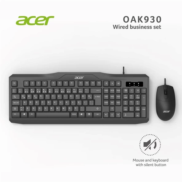 Acer Kablolu Sessiz Tuşlu Klavye Moue Set Siyah Klavye 140 Cm  Mouse 160 Cm Kablo