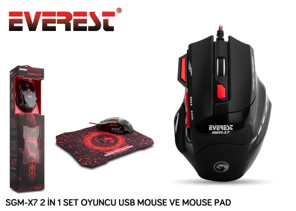 Everest Usb Siyah Makrolu 7200dpi Oyuncu Mouse +Gaming Mouse Pad