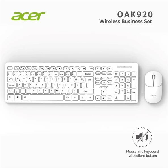 Acer Beyaz Kablosuz Sessiz Tuşlu 2.4Ghz Klavye Moue Set Beyaz Mouse 1200Dpi