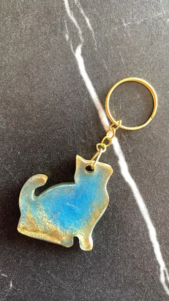 Okyanus Mavisi Gold Ebruli Renk Gold Aksesuarlı Yaramaz Kedi Epoksi Anahtarlık El Yapımı Hediyelik - Resim 6