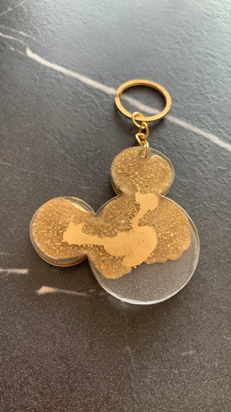 Şeffaf Epoksi İçinde Gold Renk Süs Gold Aksesuarlı Mickey Mouse Anahtarlık El Yapımı Hediyelik - 4