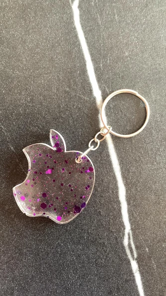Şeffaf Epoksi İçinde Mor Glitterli Gümüş Aksesuarlı Apple Elma Anahtarlık El Yapımı Hediyelik - Resim 4