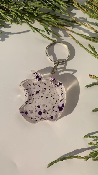Şeffaf Epoksi İçinde Mor Glitterli Gümüş Aksesuarlı Apple Elma Anahtarlık El Yapımı Hediyelik - Resim 5
