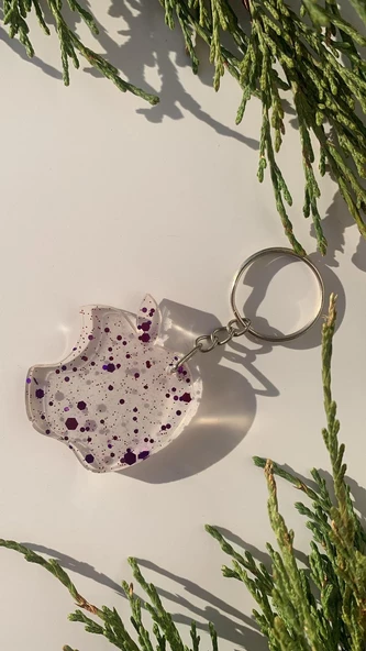 Şeffaf Epoksi İçinde Mor Glitterli Gümüş Aksesuarlı Apple Elma Anahtarlık El Yapımı Hediyelik - Resim 7
