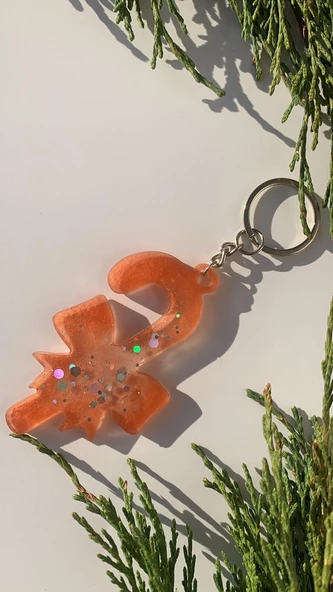 Turuncu Renkli Gümüş Glitterli Gümüş Aksesuarlı Kurdele Baston Şeker Epoksi Anahtarlık El Yapımı Hediyelik - Resim 3