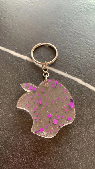 Şeffaf Epoksi İçinde Mor Glitterli Gümüş Aksesuarlı Apple Elma Anahtarlık El Yapımı Hediyelik - Resim 8