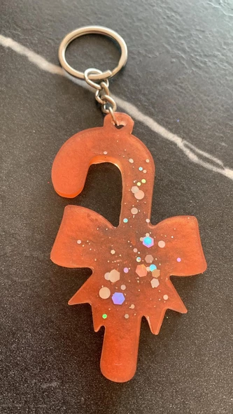 Turuncu Renkli Gümüş Glitterli Gümüş Aksesuarlı Kurdele Baston Şeker Epoksi Anahtarlık El Yapımı Hediyelik - Resim 2