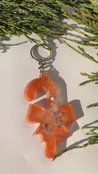 Turuncu Renkli Gümüş Glitterli Gümüş Aksesuarlı Kurdele Baston Şeker Epoksi Anahtarlık El Yapımı Hediyelik - Resim 5