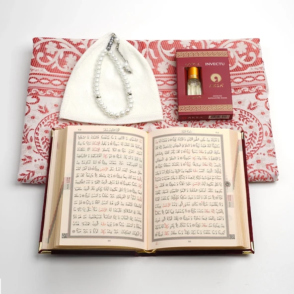 Takke + Esans + Tesbih + Seccade + Kadife Kuran Hediye Seti (Çanta Boy, Bordo) - Resim 7