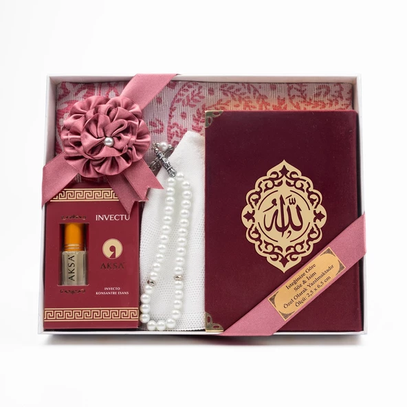 Takke + Esans + Tesbih + Seccade + Kadife Kuran Hediye Seti (Çanta Boy, Bordo) - Resim 6