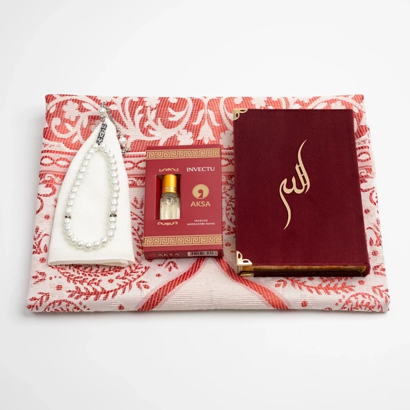 Takke + Esans + Tesbih + Seccade + Kadife Kuran Hediye Seti (Çanta Boy, Bordo) - Resim 4