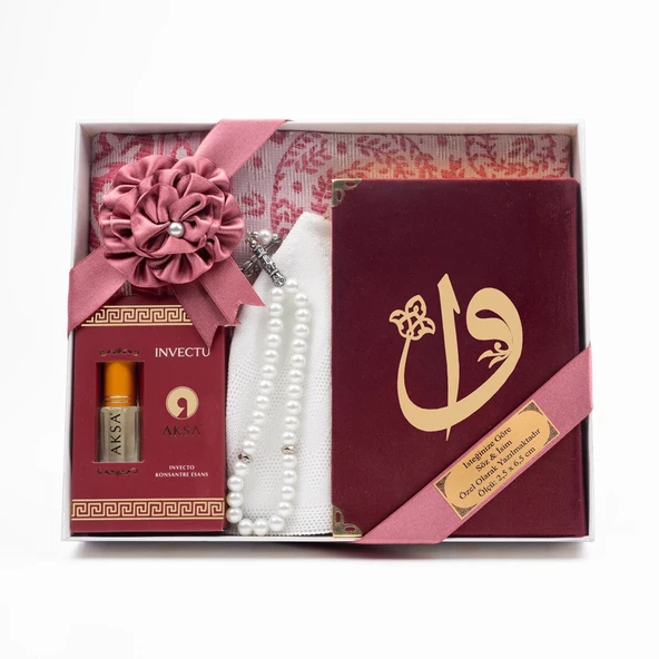 Takke + Esans + Tesbih + Seccade + Kadife Kuran Hediye Seti (Çanta Boy, Bordo) - Resim 2
