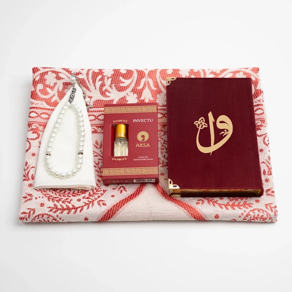 Takke + Esans + Tesbih + Seccade + Kadife Kuran Hediye Seti (Çanta Boy, Bordo) - Resim 5