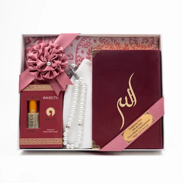 Takke + Esans + Tesbih + Seccade + Kadife Kuran Hediye Seti (Çanta Boy, Bordo) ürün görseli 1