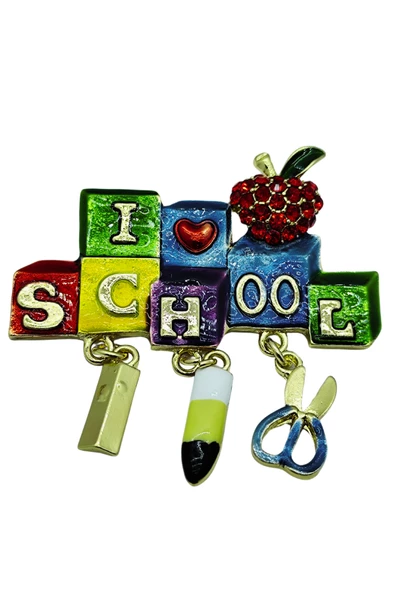 Okul Sevgisini Gösteren I Love School Bloklu Renkli Broş - 2