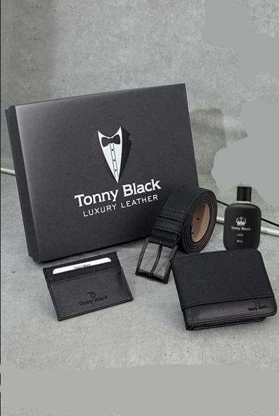 Tonny Black Orijinal Erkek 4'lü Hediye Kutulu Luxury Serisi Damat Hediyelik Deri Kemer Cüzdan Kartlık Parfüm Set