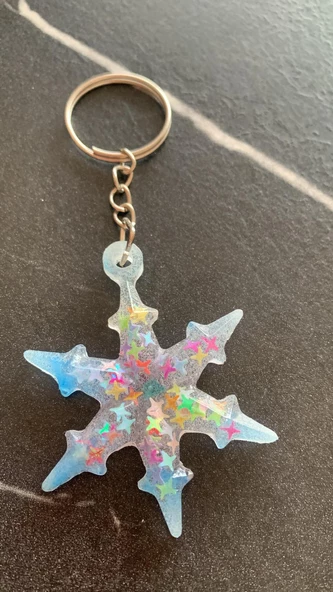 Transparan Mavi Yıldız Süslemeli Gümüş Aksesuarlı Kar Tanesi Epoksi Anahtarlık El yapımı Hediyelik - Resim 6