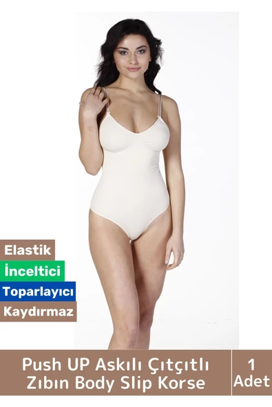 Özel Lazer Kesim İz Göstermez Toparlayıcı Askılı Çıtçıtlı Push UP Slip Body Zıbın Korse ürün görseli 1
