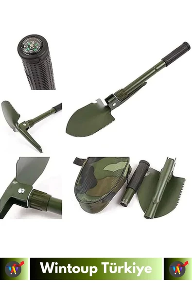 Özel Tasarım Portatif Kamp Deprem Taşınabilir Pusulalı Çantalı Katlanabilir Mini Kazma Kürek Seti - 4