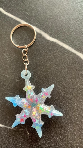 Transparan Mavi Yıldız Süslemeli Gümüş Aksesuarlı Kar Tanesi Epoksi Anahtarlık El yapımı Hediyelik - Resim 8