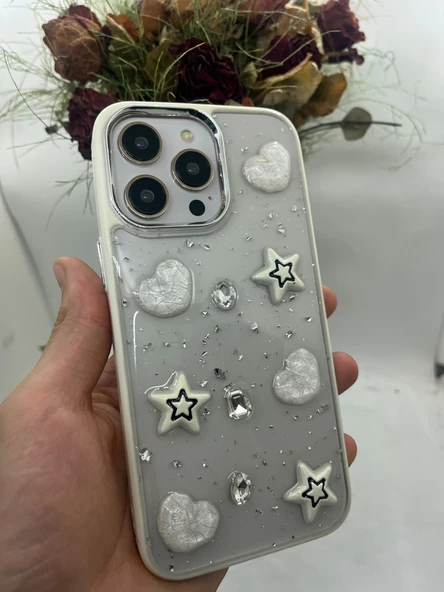 iPhone 15 Pro Max Luxe White Case Heart Star