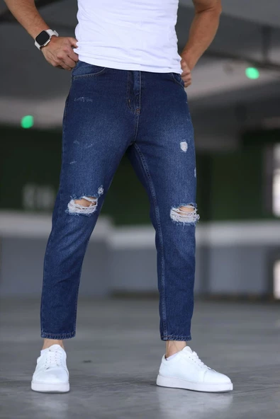 Erkek Boyfiend Yırtıklı Lacivert Kot Pantolon - Resim 2