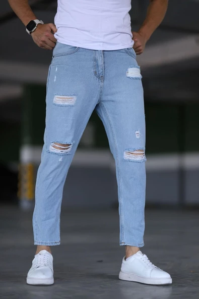 Erkek Boyfiend Yırtıklı Buz Mavi Kot Pantolon - Resim 2