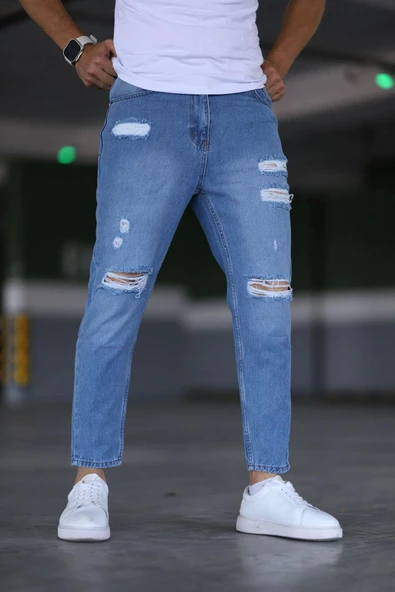 Erkek Boyfiend Yırtıklı Mavi Kot Pantolon - Resim 2